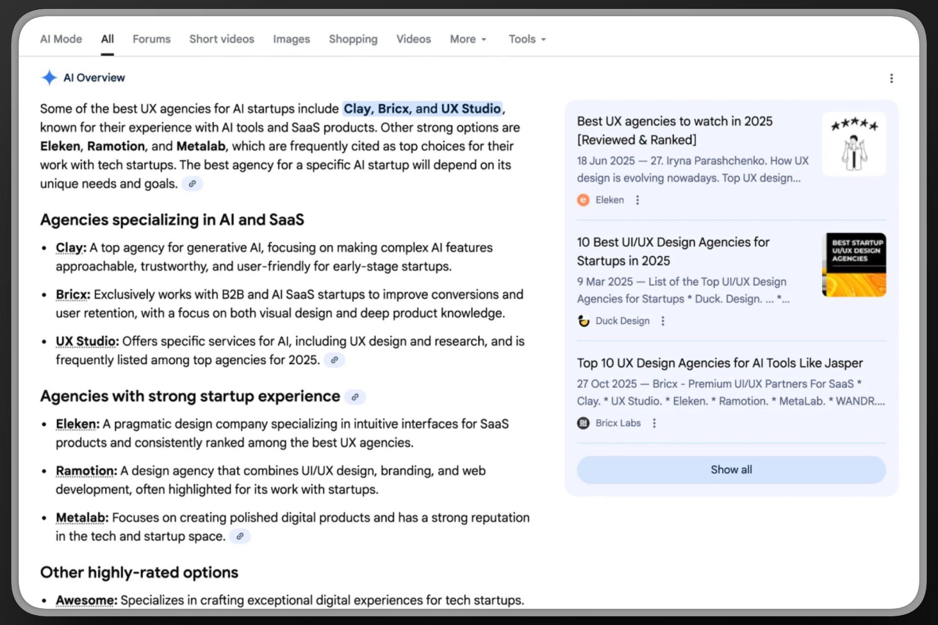 Featured in Google AI Overview for 'best ux agencies for ai startups'