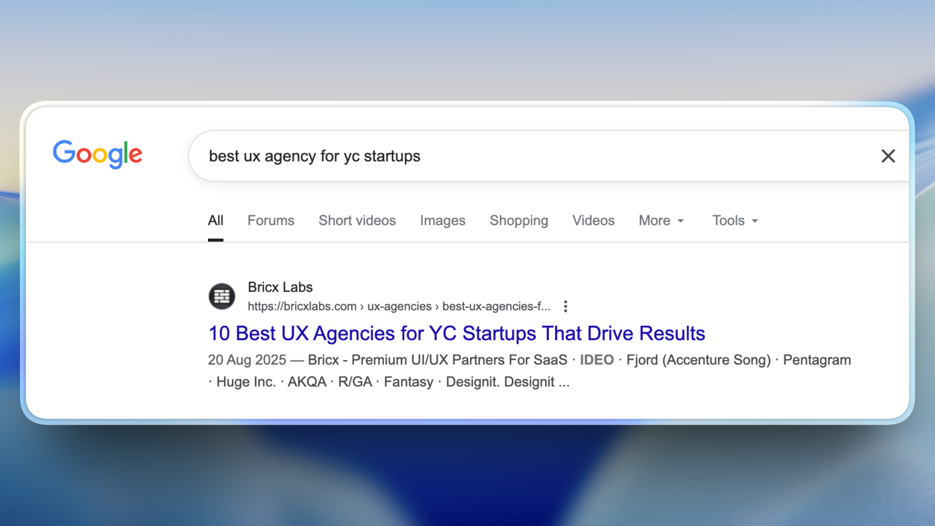 Ranking #1 above Y Combinator for 'best ux agencies for yc startups'
